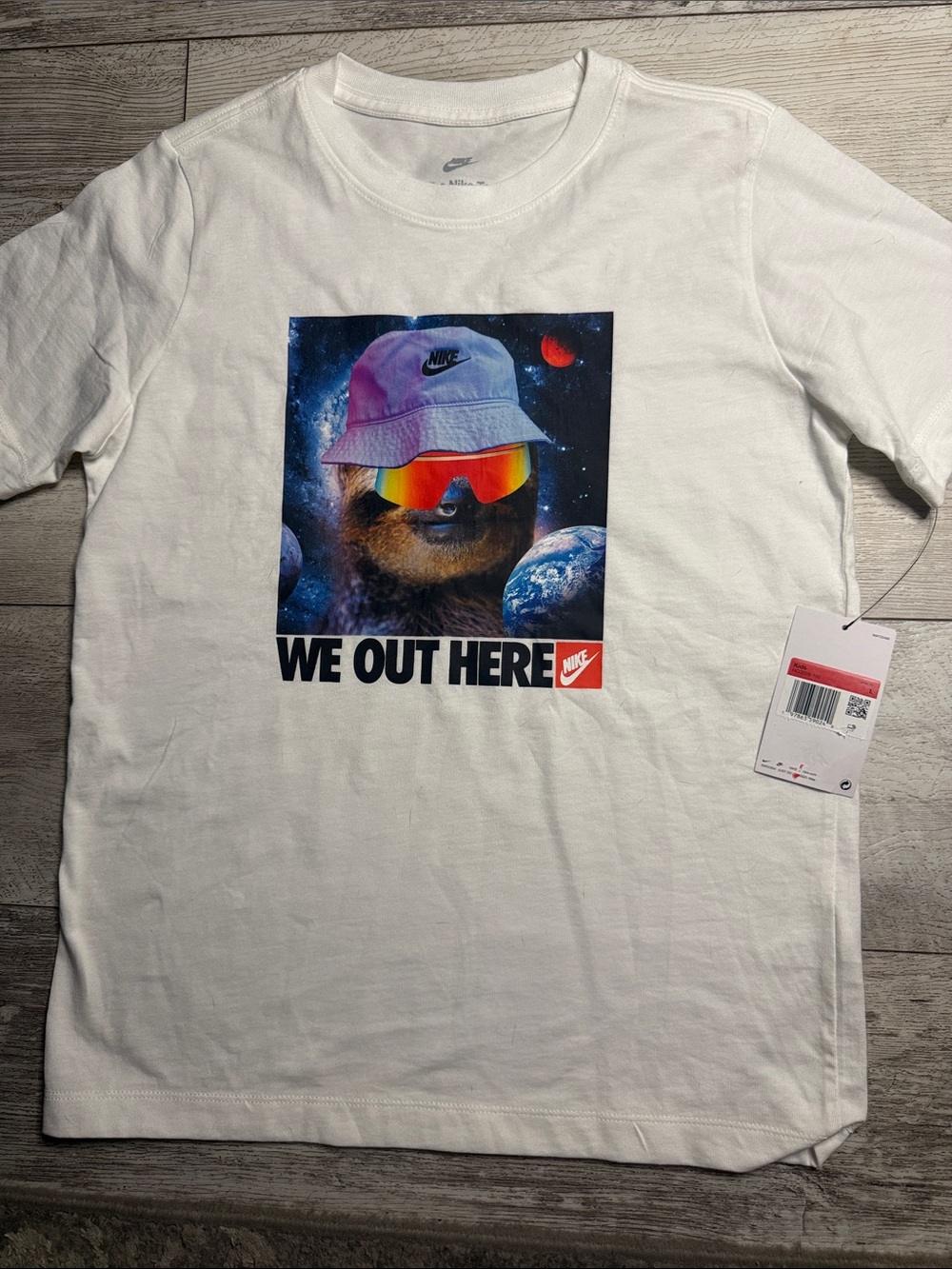 Nike White Tee with Multicolor Sloth Graphic